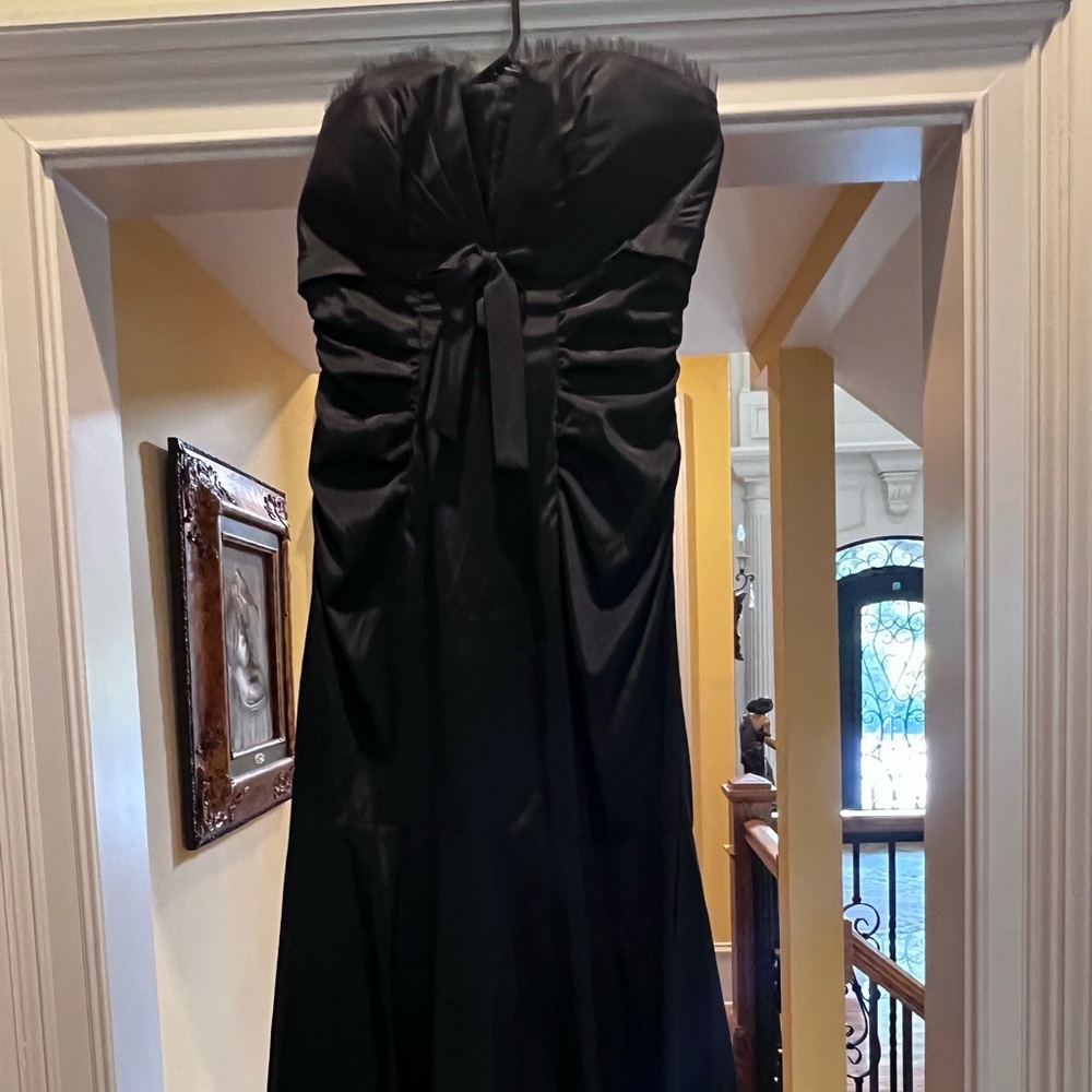 Fancy strapless evening gown.